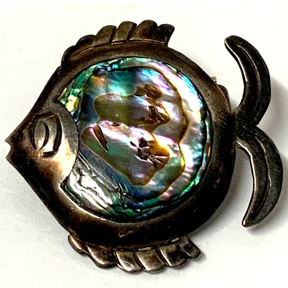 Vintage Taxco Mexico 925 Sterling Silver Abalone Puffer Angel Fish Pin‎
